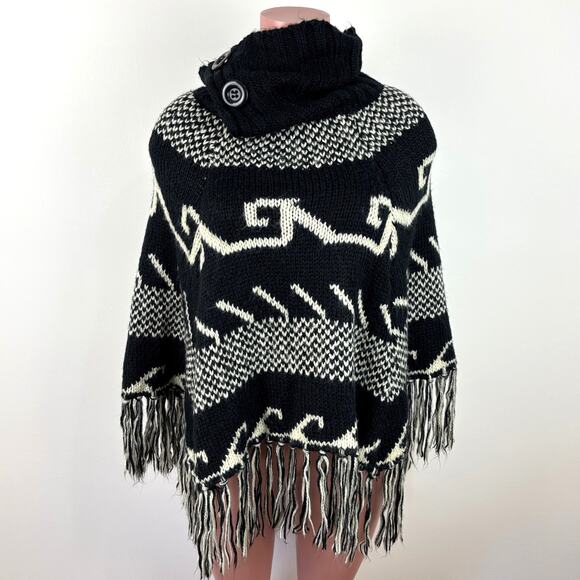 Steve Madden NEW Turtle Neck Poncho Shawl Sweater Black White Tribal Fringe OS - Picture 1 of 8